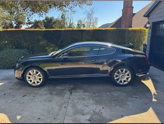Sleek black coupe parked on a driveway under clear blue skies.