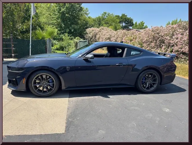 Black sports car in sunny driveway