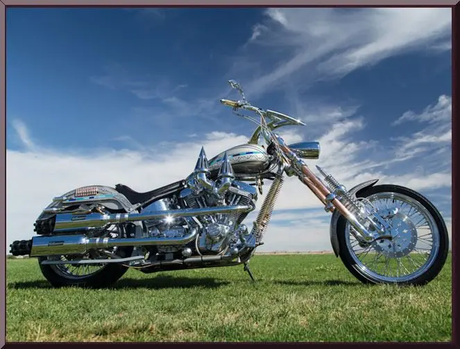 Chrome motorcycle on grass under blue sky
