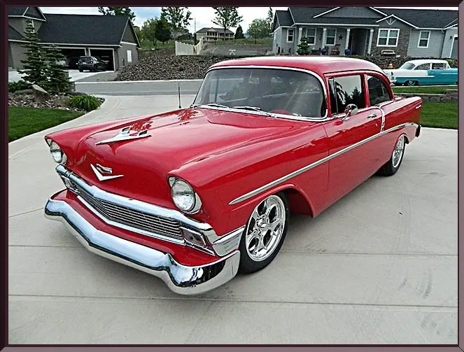Retro car in residential neighborhood